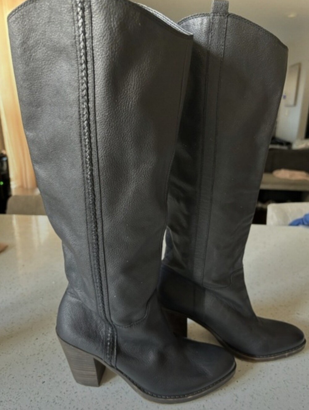 Lucky Brand Black Leather Knee High Heeled Boots, 7.5